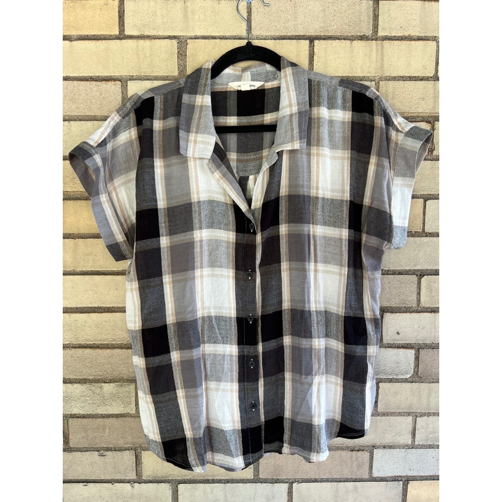 Lucky Brand Plaid Short Sleeve Button Down Shirt Black Grey Lightweight Sz Small